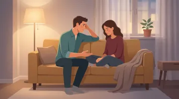 Couple sitting calmly together talking through difficult emotions at home