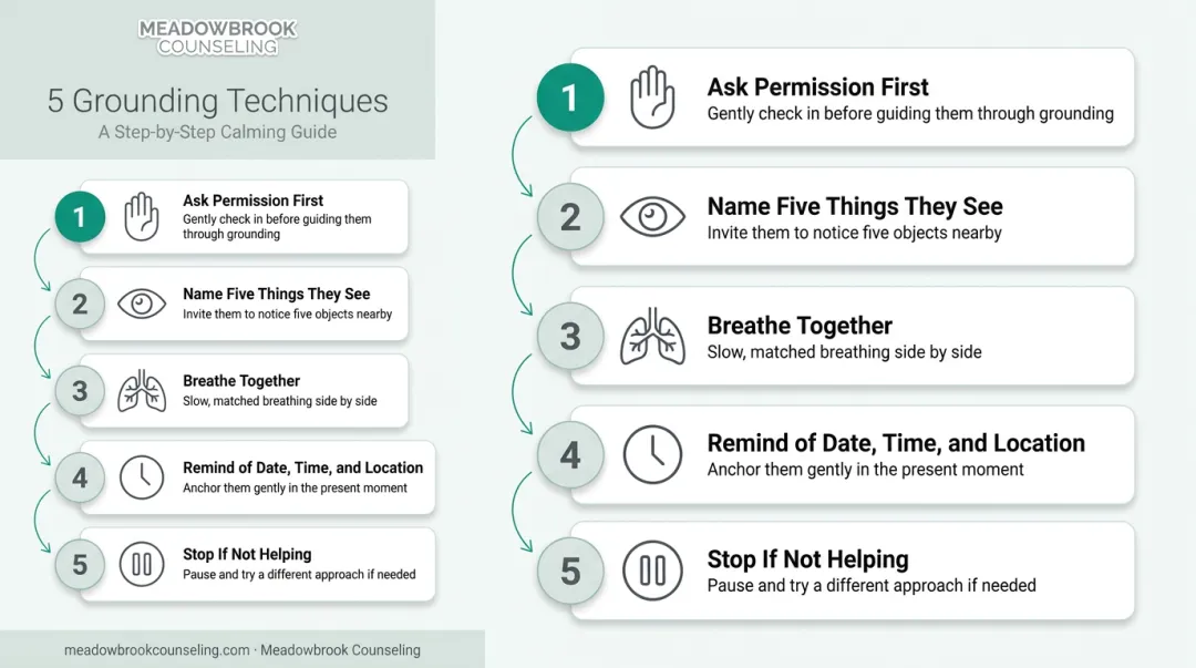 5-step grounding technique guide for supporting someone during a PTSD episode