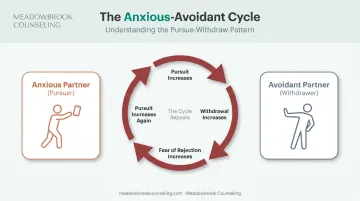 Pursue-withdraw cycle diagram showing anxious and avoidant partner dynamics