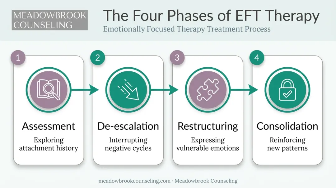 Four phases of Emotionally Focused Therapy EFT treatment process flow
