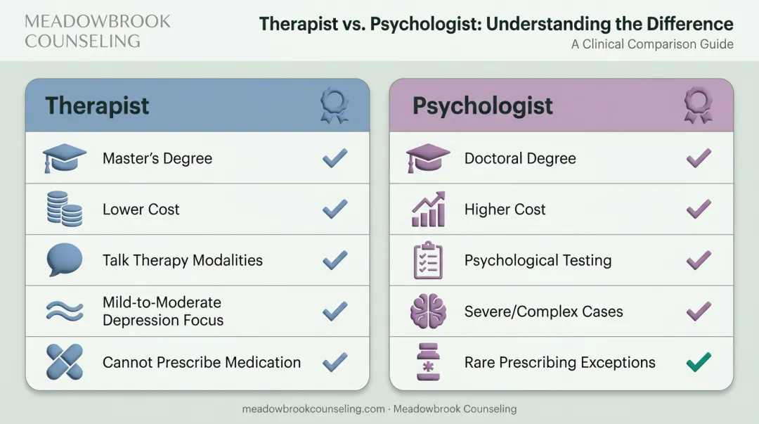 Therapist versus psychologist comparison chart for depression treatment factors