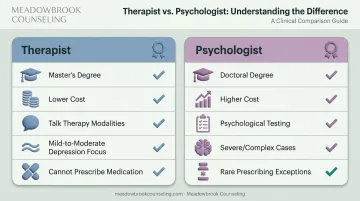 Therapist versus psychologist comparison chart for depression treatment factors