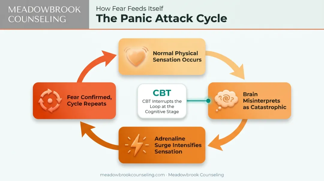 Panic attack fear cycle diagram showing sensation misinterpretation and adrenaline loop