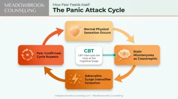 Panic attack fear cycle diagram showing sensation misinterpretation and adrenaline loop
