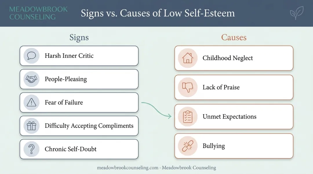 Signs and root causes of low self-esteem infographic overview