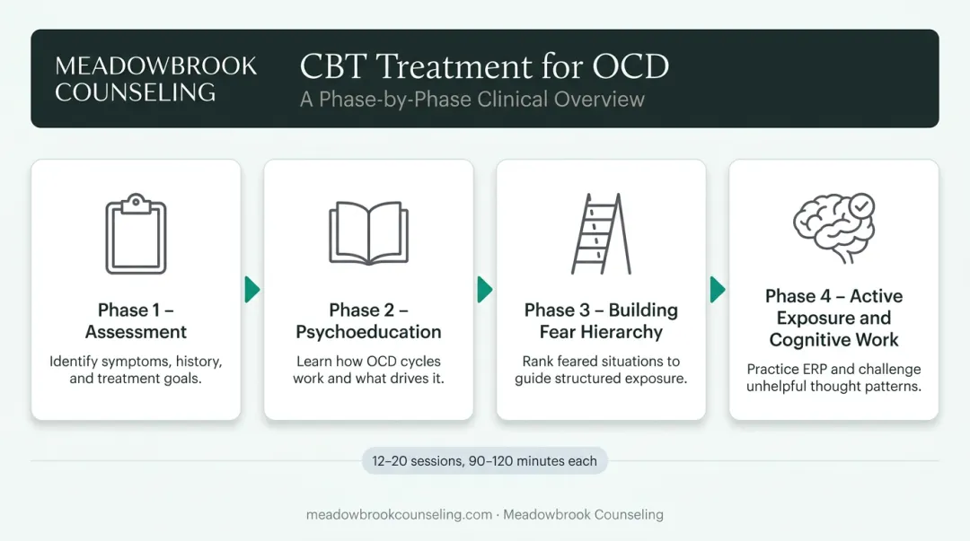 Four-phase CBT for OCD treatment arc timeline from assessment to active exposure