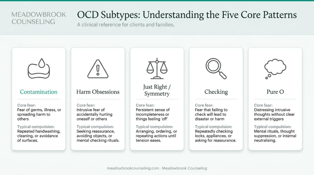 Five common OCD subtypes comparison infographic with symptoms and compulsions