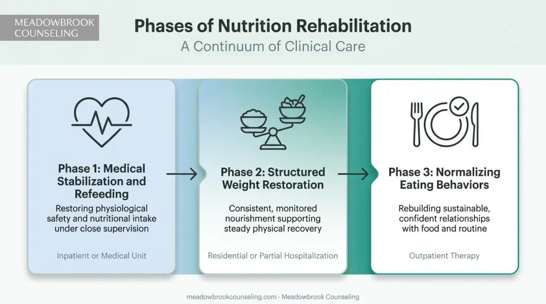 Three-phase nutrition rehabilitation process from stabilization to normalized eating