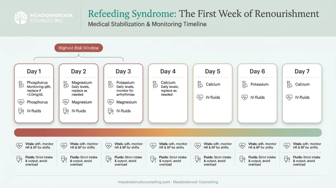 Refeeding syndrome monitoring timeline showing electrolyte checks during first week