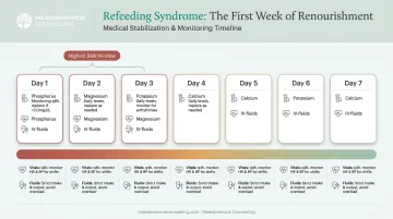 Refeeding syndrome monitoring timeline showing electrolyte checks during first week