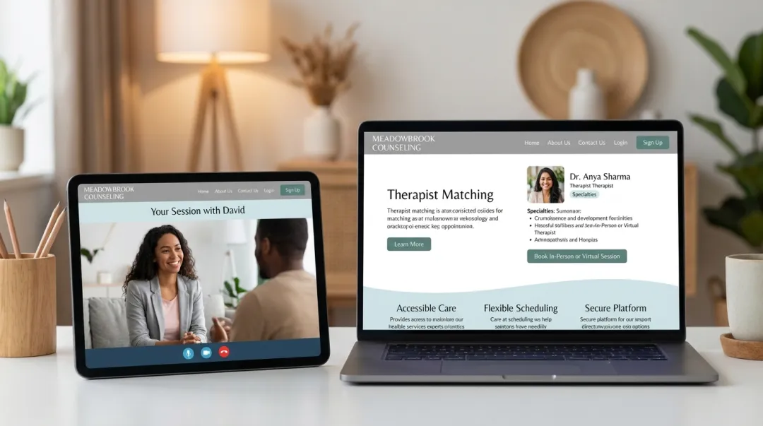 Meadowbrook Counseling therapist matching and telehealth session interface