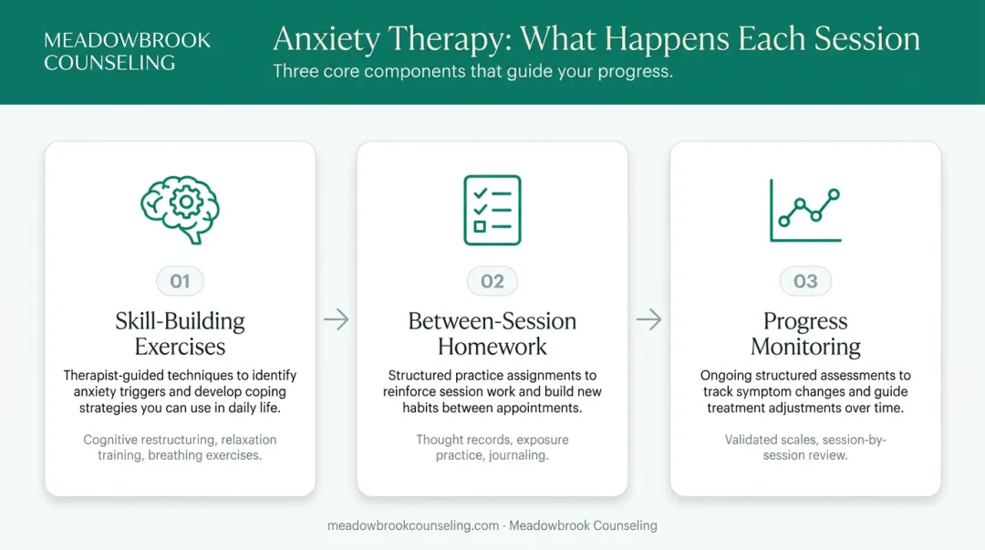 Three core components of ongoing anxiety therapy sessions process infographic