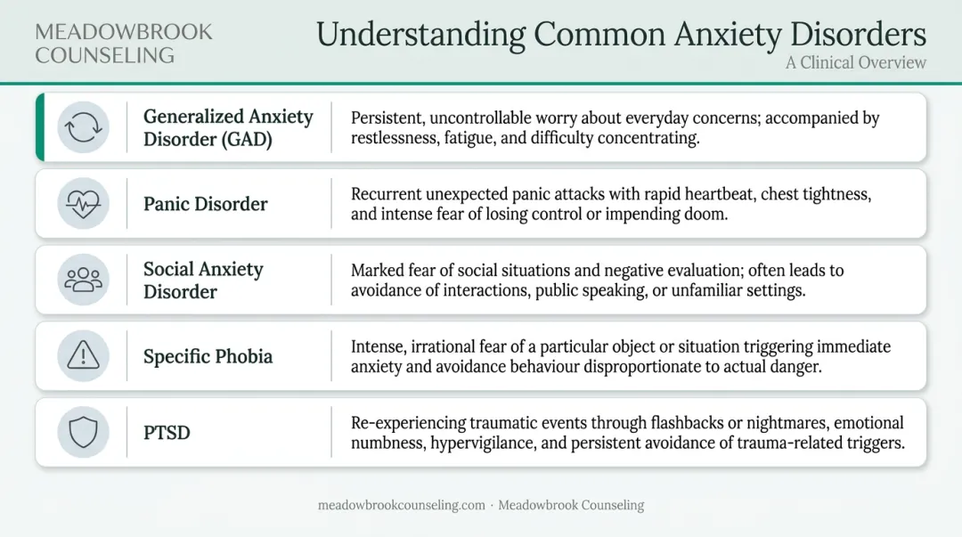 Five common anxiety disorders comparison chart with symptoms and characteristics
