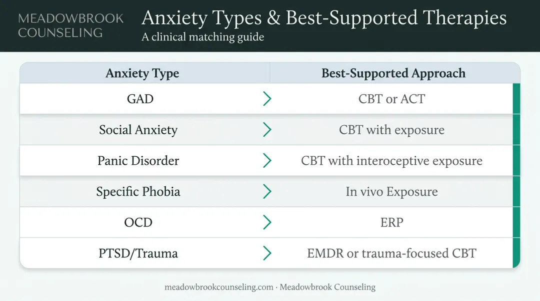 Anxiety disorder to therapy type matching guide comparison chart infographic