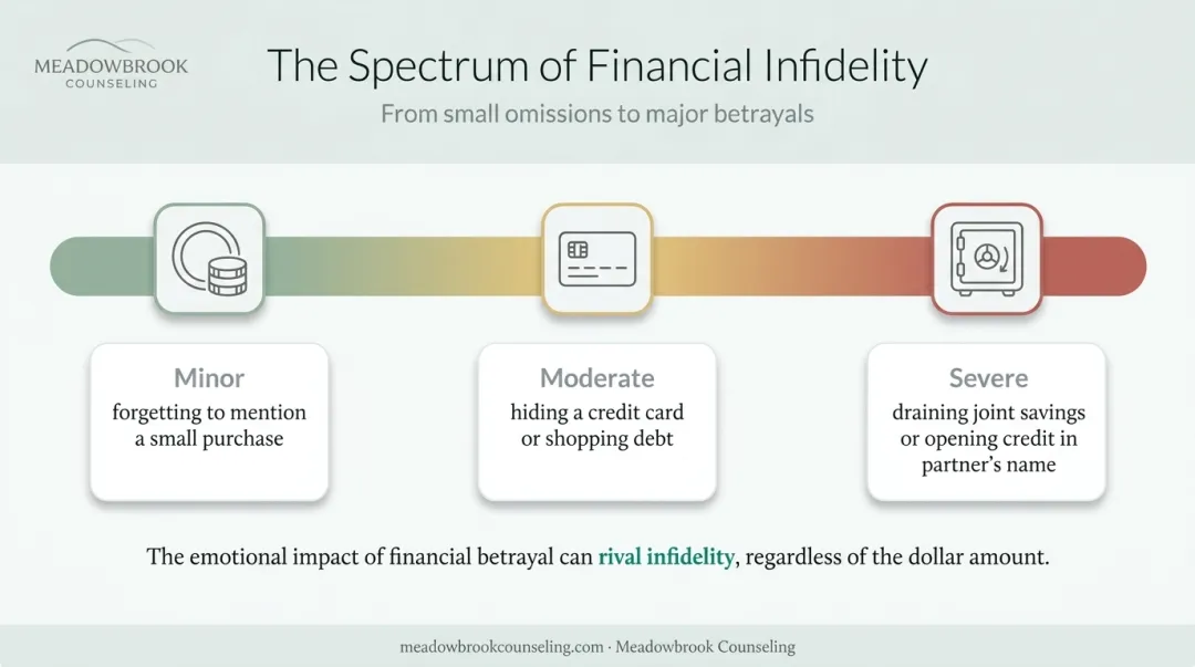 Financial infidelity severity spectrum from minor secrets to major deception