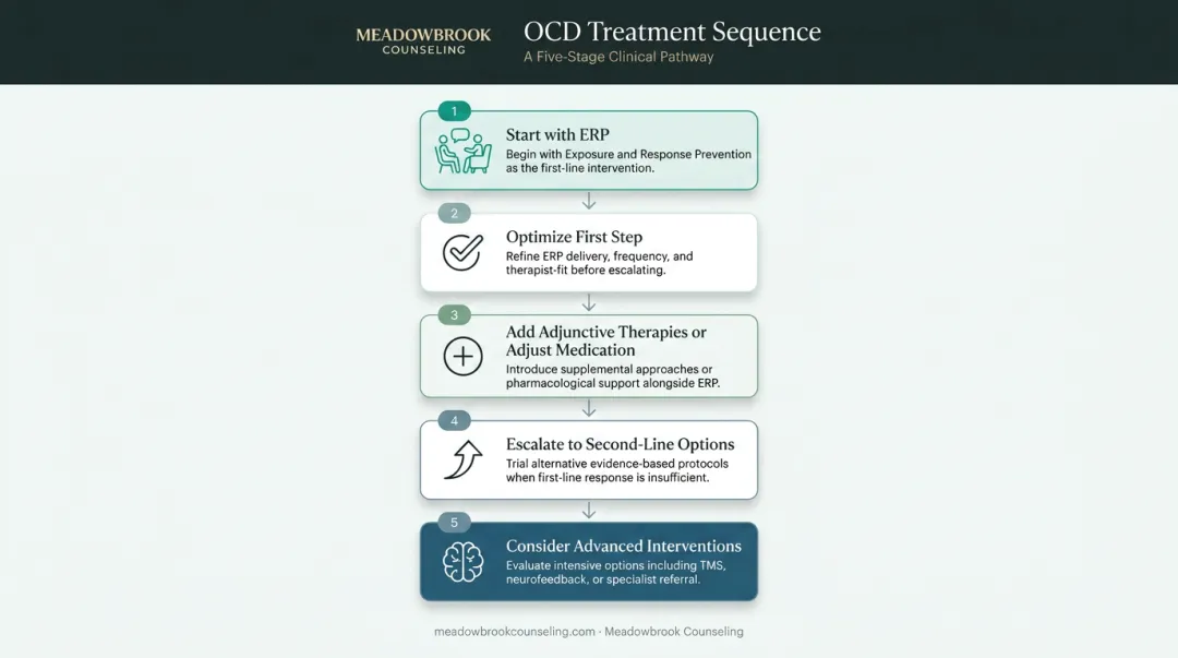 Five-step evidence-based OCD treatment plan sequence from ERP to advanced interventions