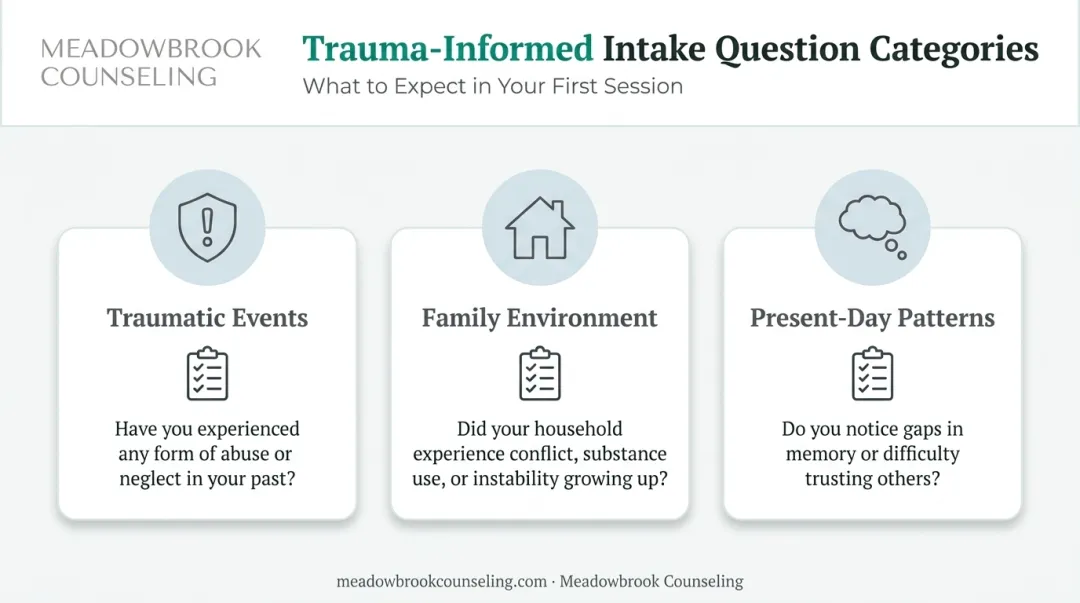 Three categories of childhood trauma self-reflection questions infographic