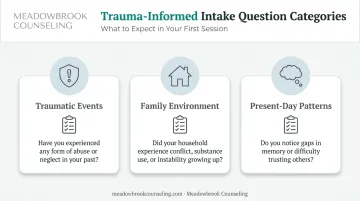 Three categories of childhood trauma self-reflection questions infographic