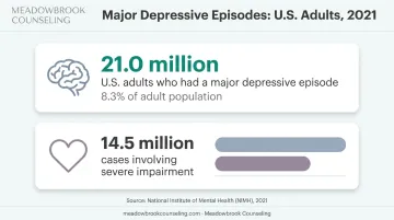 US depression statistics infographic showing 21 million affected adults 2021