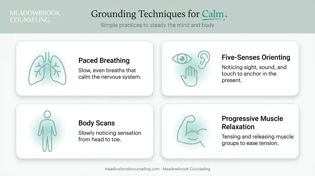 Four grounding techniques therapists use to interrupt panic and trauma triggers
