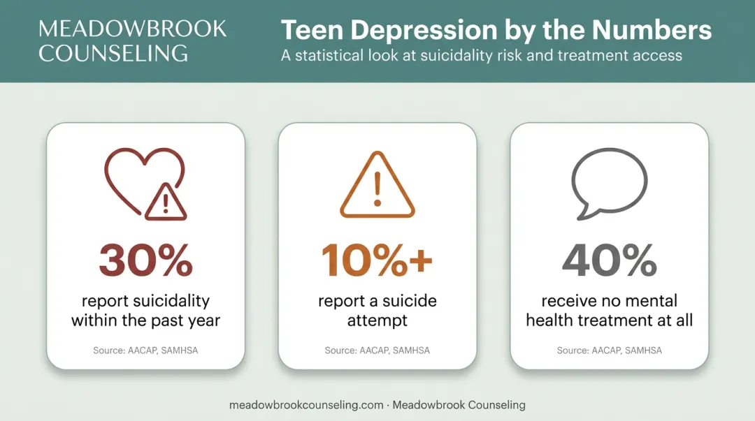 Teen depression suicidality risk and treatment gap statistics infographic