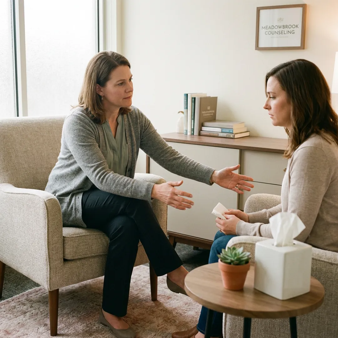 Therapist supporting an adult client in a calm counseling office