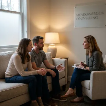 Couple speaking with a counselor in a calm therapy office
