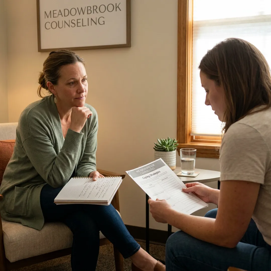 Counselor supporting client with anxiety coping skills