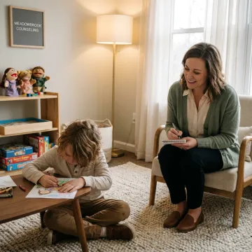 Child speaking with therapist in a calm counseling room