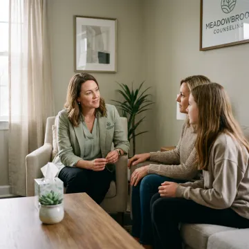 Mother and daughter speaking with therapist