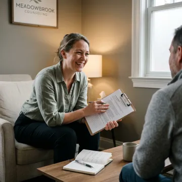 Therapist and adult client discussing a treatment plan