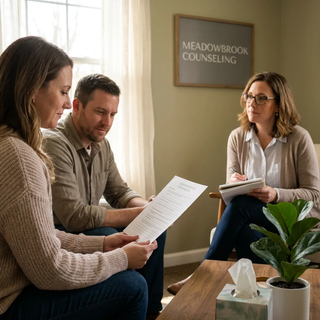 Couple speaking with therapist in counseling session