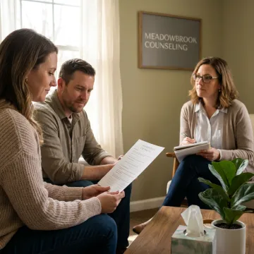 Couple speaking with therapist in counseling session
