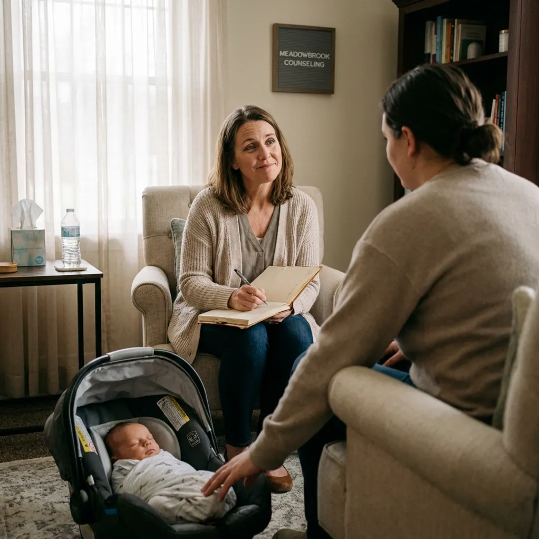 Therapist supporting a new parent in a calm counseling room