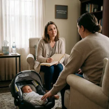 Therapist supporting a new parent in a calm counseling room