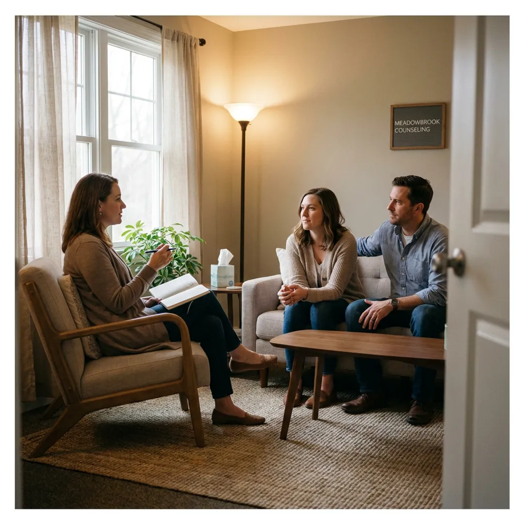 Parent counseling session in a calm therapy office