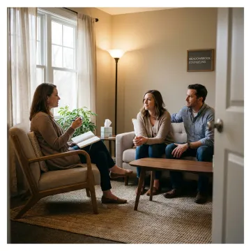 Parent counseling session in a calm therapy office