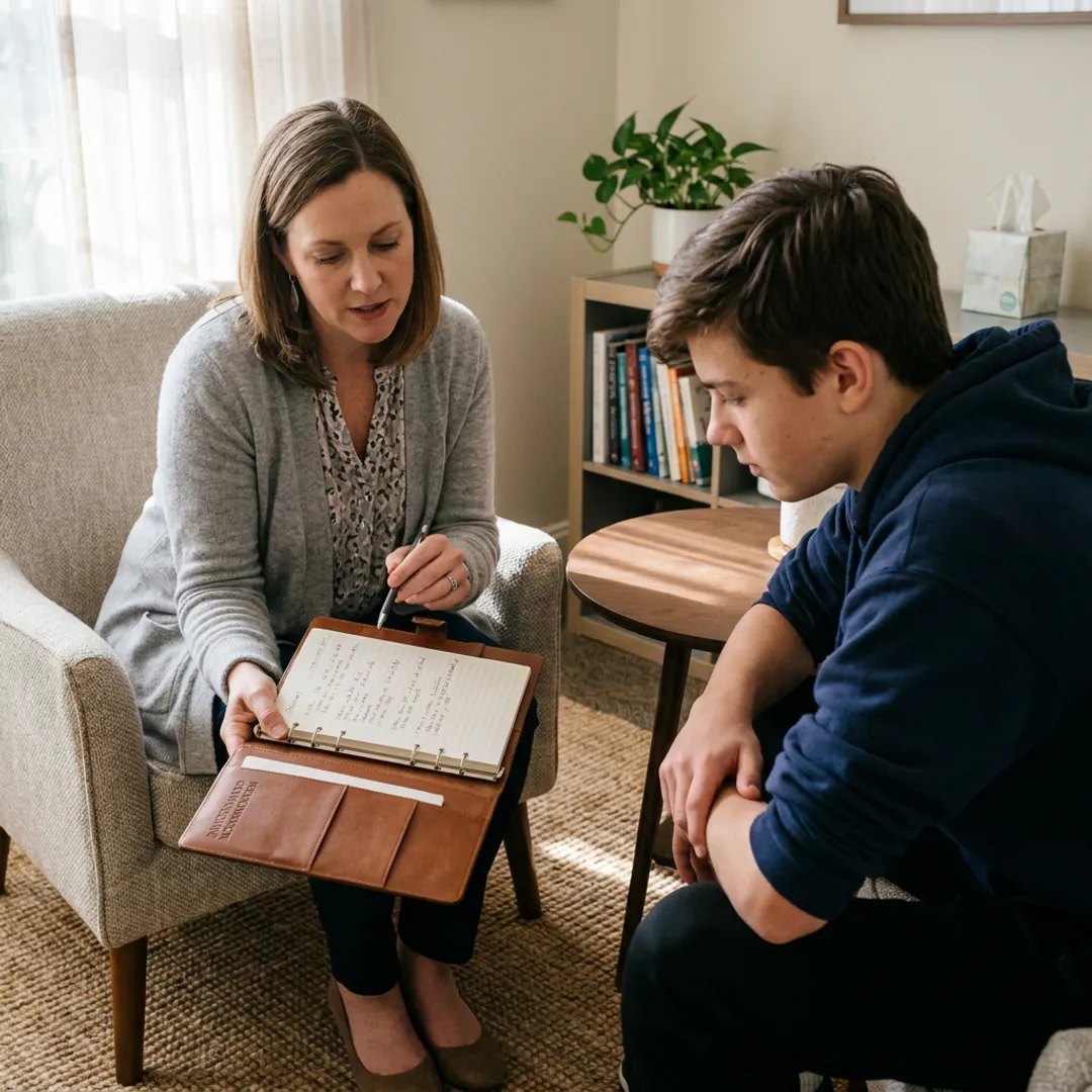 Therapist helping adult and teen with ADHD coping tools