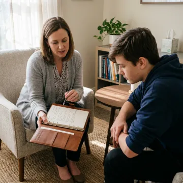 Therapist helping adult and teen with ADHD coping tools