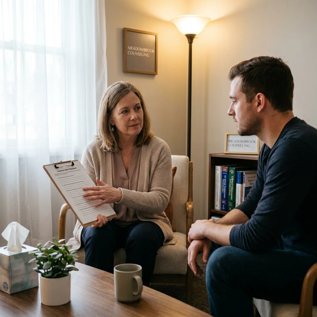 Therapist reviewing treatment goals with a client