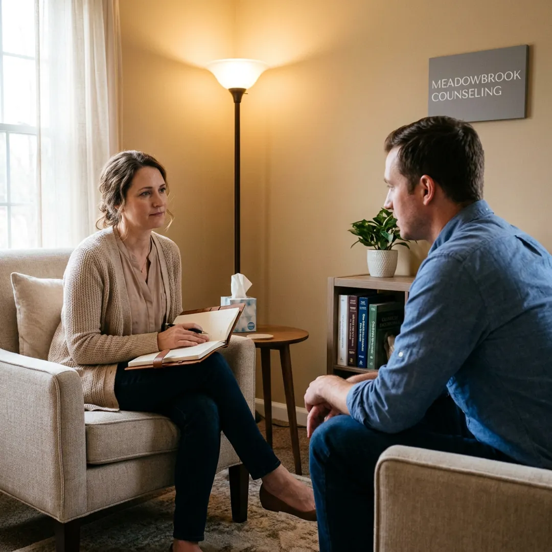 Therapist and client discussing goals in a calm office