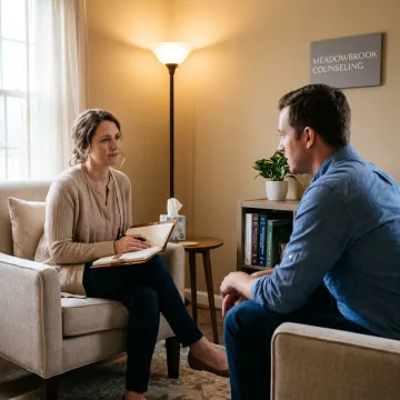 Therapist and client discussing goals in a calm office