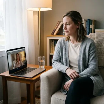 Online anxiety therapy session on a laptop