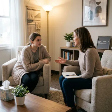 Teen speaking with a therapist in a calm counseling office