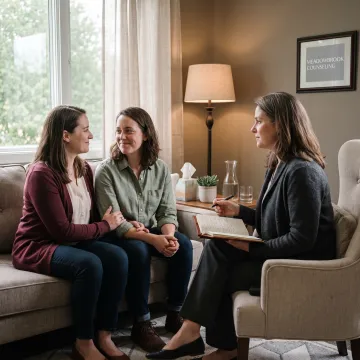 LGBTQ+ couple talking with a counselor