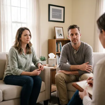 Couple speaking with a compassionate therapist