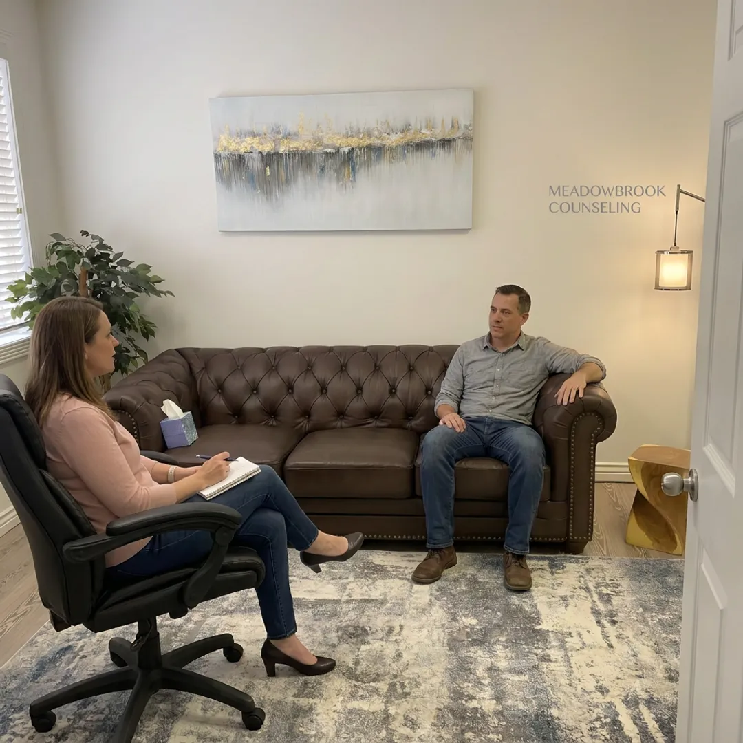 Therapist and client in a calm counseling office