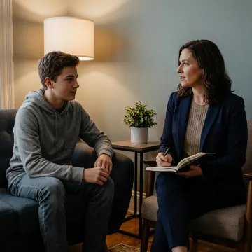 Teen speaking with counselor in therapy office