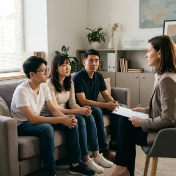 Family counseling session in a calm therapy office