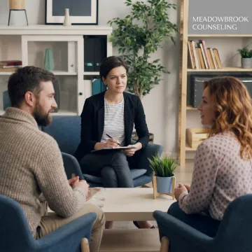 Therapist meeting with clients in a counseling office